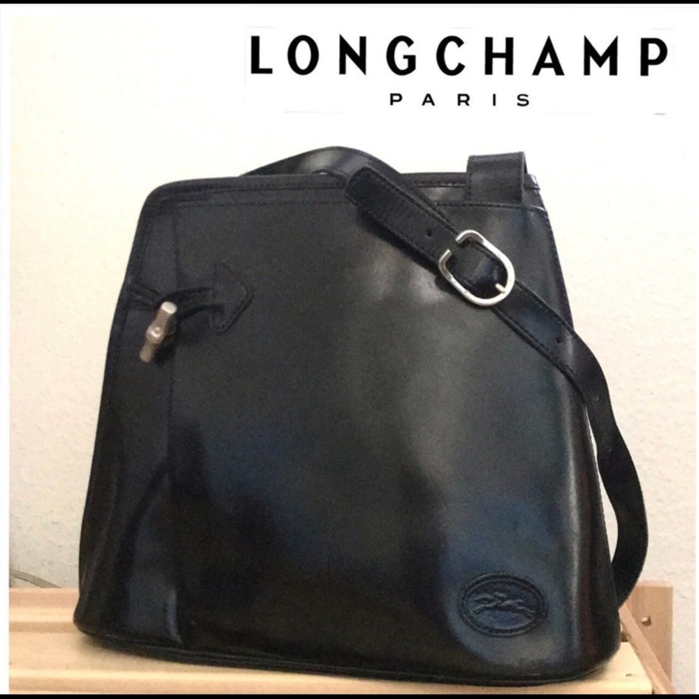 Authentic Vintage Longchamp Roseau Bag Black Leather Bamboo Button